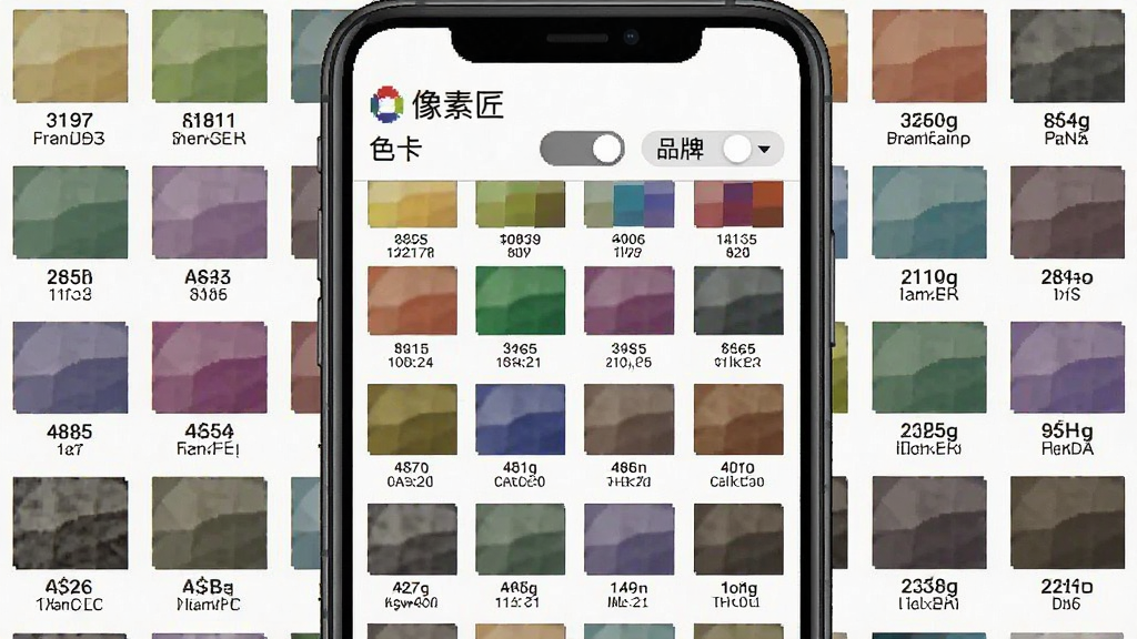 一张像素匠软件色卡数据库页面的预览图,画面中央是手机屏幕,屏幕内展示排列整齐的彩色色块网格,每个色块下方标注色号与名称,顶部有像素匠文字标识与色卡品牌切换选项,背景为白色,布局为网格状排列,风格为简洁工具界面,细节包含色块与文字标注,画质清晰,干净,无多余元素