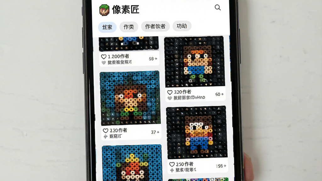 一张像素匠软件社区页面的预览图,画面展示手机屏幕内瀑布流排列的拼豆作品图片,每张图片下方有点赞数与作者昵称,顶部有像素匠文字标识与分类标签栏,背景为白色,布局为瀑布流形式,风格为社交应用界面,细节包含作品缩略图与互动按钮,画质清晰,干净,无多余元素