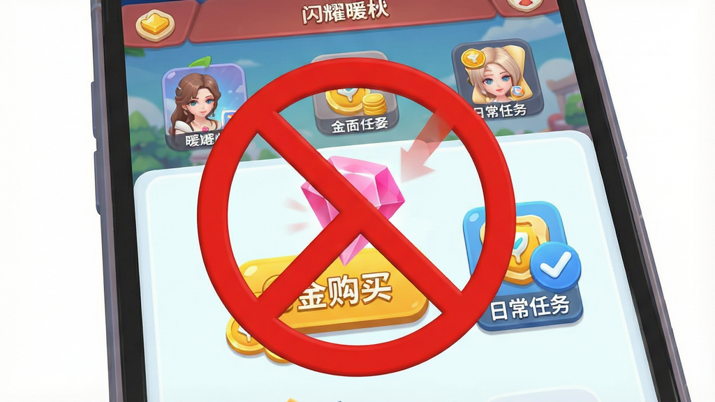 一张展示闪耀暖暖新手避坑指南的示意图,画面为一个3D卡通风格的手机屏幕,屏幕上显示游戏主界面与一个醒目的红色禁止符号覆盖在粉钻购买金币的按钮上,旁边有一个蓝色对勾标记在日常任务图标上,布局为手机特写居中,风格为扁平化UI风格,细节包含清晰的图标与文字标注,画质为2K高清,画面干净,无多余元素