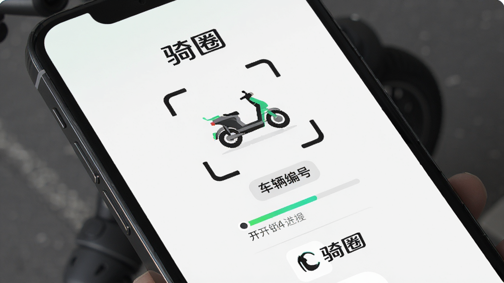 骑圈APP扫码开锁界面展示,主体为手机屏幕特写,屏幕中显示“骑圈”扫码成功页面与电动车图标,布局为居中构图,排版简洁,风格为科技感UI展示,细节包括扫码框、车辆编号、开锁进度条、品牌Logo,画质高清干净,无多余元素