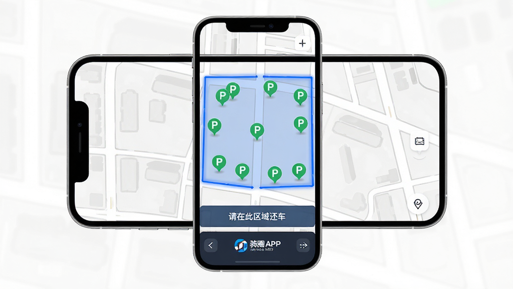 骑圈APP还车引导页面展示,主体为手机屏幕中显示电子围栏地图与停车点标记,布局为全屏地图加底部提示栏,排版清晰,风格为现代简约设计,细节包括蓝色围栏区域、绿色停车图标、文字提示“请在此区域还车”、品牌Logo,画质高清干净,无多余元素