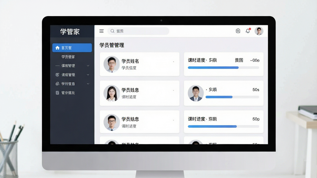 一张展示“学管家”学员档案管理界面的预览图,主体为屏幕中央的学员信息卡片列表,布局为左侧导航右侧内容区,排版采用卡片式设计,风格简洁商务,细节上卡片中显示学员姓名与课时进度条,画质清晰,干净,无多余元素