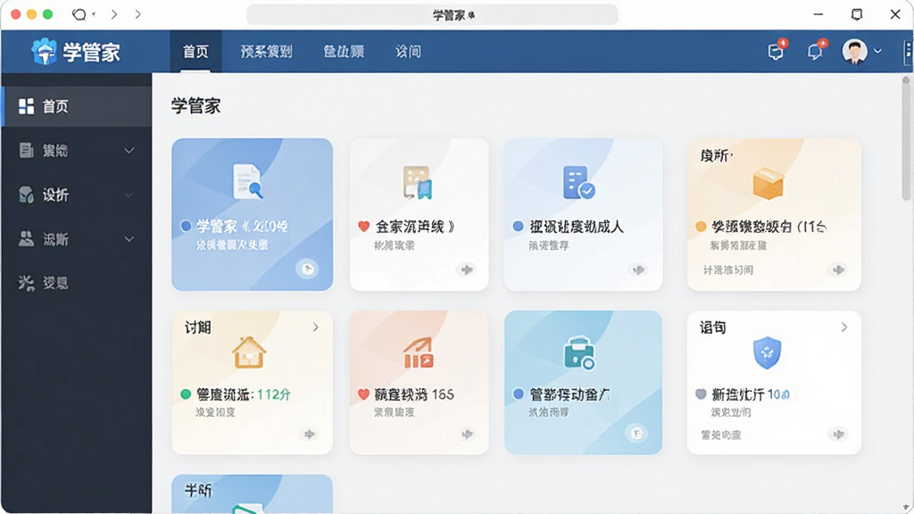 一张展示“学管家”软件主界面的预览图,主体为居中显示的软件界面,布局包含顶部导航栏与下方功能模块卡片,排版整齐清晰,风格为扁平化商务风,细节上界面中有“学管家”文字标识,画质高清,干净,无多余元素