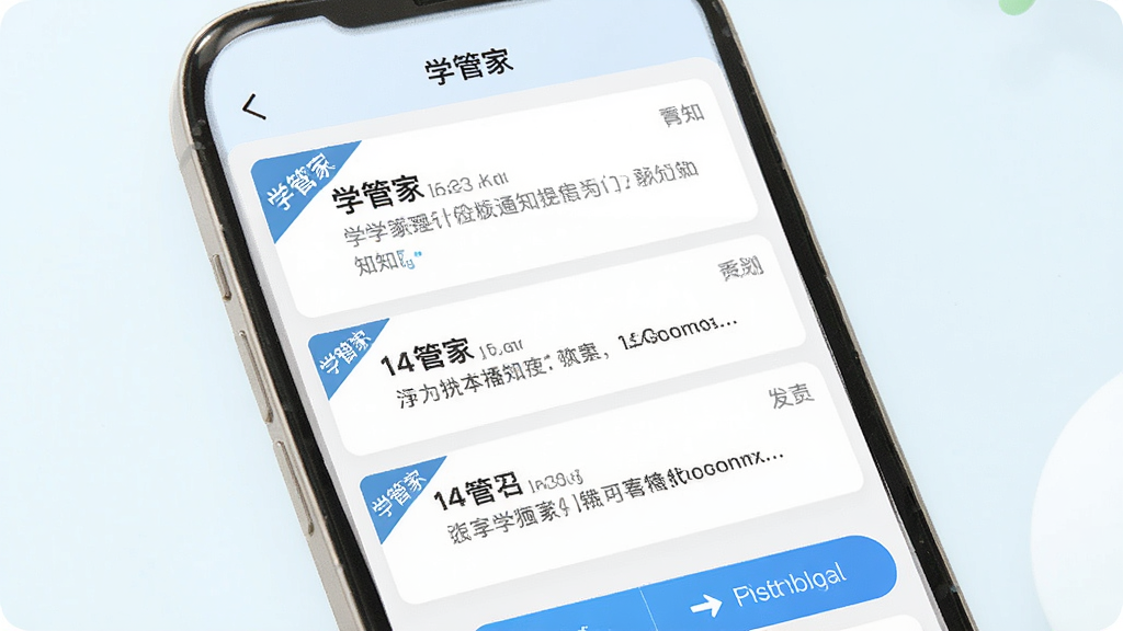 一张展示“学管家”家校通知推送界面的预览图,主体为手机屏幕中的通知列表与发送按钮,布局为上下结构,排版简洁,风格清新浅色,细节上通知卡片带有“学管家”角标,画质高清,干净,无多余元素