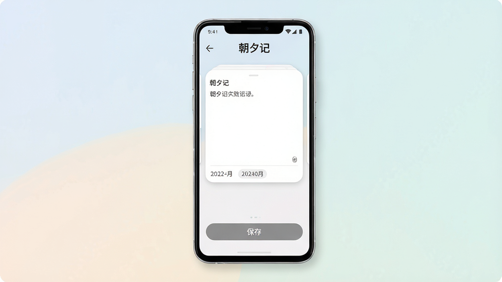 一张展示手机屏幕上朝夕记应用界面的图片,画面中央是一部竖屏安卓手机,屏幕内显示朝夕记日记记录页面,顶部有朝夕记文字标识,中间是文字输入区域和日期标签,底部有保存按钮,布局简洁清晰,排版居中,风格为清爽现代扁平化设计,细节包含柔和浅色背景、圆角卡片、细腻阴影,画质高清,干净,无多余元素