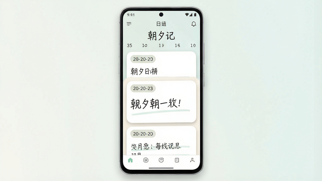 一款名为朝夕记的手机应用界面展示图,主体为一部竖屏安卓手机,屏幕中显示日历式日记列表与手写风格标题,布局为居中构图,上方是软件名称朝夕记,中间是记录卡片,下方是底部导航栏,排版简洁清晰,风格为清新淡雅扁平化设计,细节包括柔和阴影、圆角卡片、浅色背景、日期标签,画质高清,干净,无多余元素