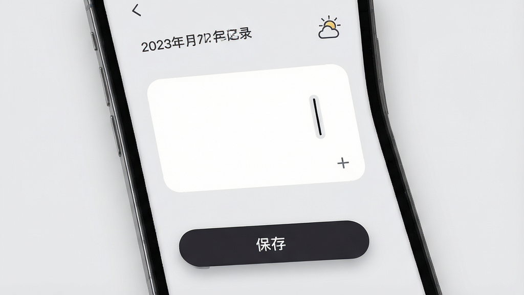 一张展示朝夕记极简记录界面的图片,主体为手机屏幕特写,屏幕中央是空白输入框与光标闪烁效果,布局为上下结构,上方显示日期与天气小图标,中间为输入区域,下方为保存按钮,排版留白充足,风格为极简主义UI设计,细节包括浅灰背景、深色文字、圆角按钮、柔和光影,画质高清,干净,无多余元素