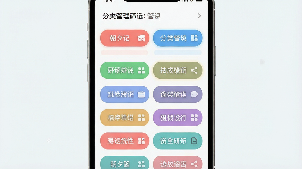 一张展示朝夕记分类管理功能的图片,主体为手机屏幕中的标签筛选面板,布局为网格状排列,每个标签以彩色圆角矩形呈现,排版整齐有序,风格为清新浅色系移动端设计,细节包括标签文字、选中高亮状态、分类图标、浅色背景,画质高清,干净,无多余元素