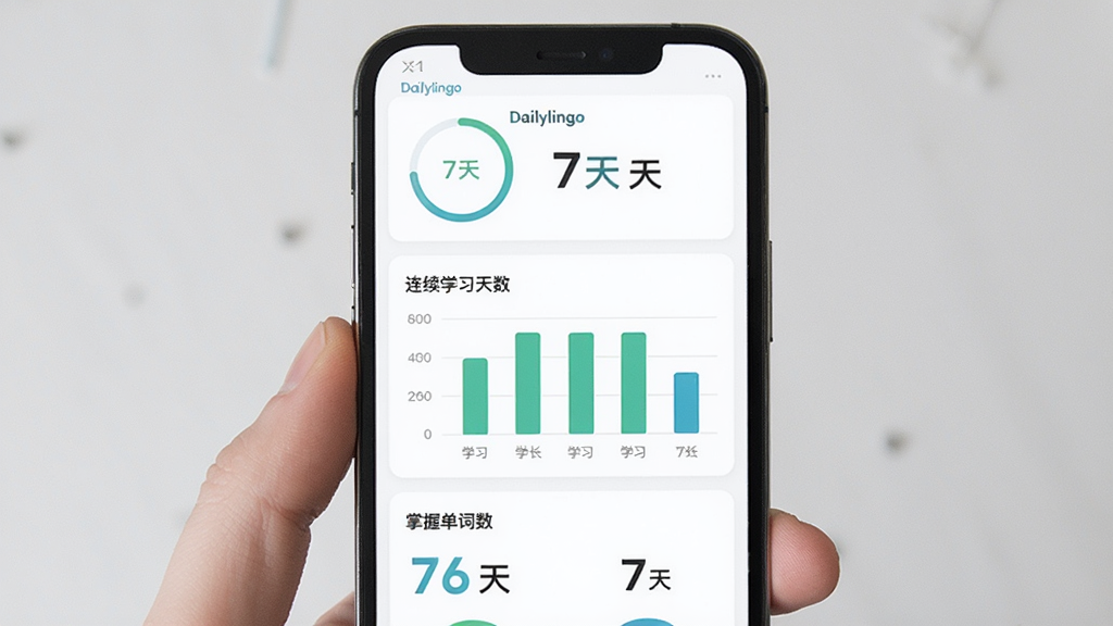 主体是手机屏幕显示Dailylingo学习统计页面,页面中有连续学习天数、学习时长柱状图和掌握单词数,布局为手机居中、数据图表上下排列,排版清晰直观,风格为现代数据可视化设计,细节包括进度环、柱状图、数字高亮,画质高清,干净,无多余元素,画面中带有文字