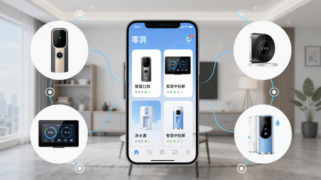 画面中央展示一部智能手机,屏幕显示“零洞”APP主界面,界面中排列着智能门锁、智慧中控屏、净水器等多个设备卡片,手机周围环绕着智能门锁、中控屏、净水器等硬件产品图标,背景为现代简约家居环境,布局采用中心放射式构图,风格为科技感扁平化插画,细节包含设备状态指示灯和连接线条,画质清晰,干净,无多余元素