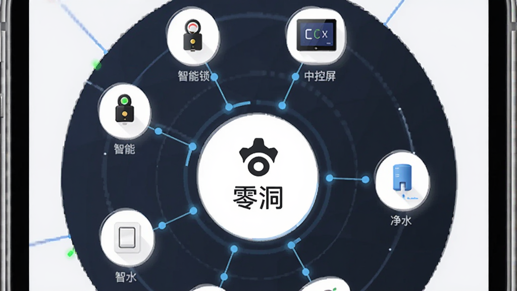 画面主体为“零洞”应用界面,界面中央展示一个圆形设备网络图,中心是零洞Logo,向外辐射连接智能门锁、中控屏、净水器、智能开关等设备图标,布局为环绕式排版,风格为现代科技感UI插画,细节包含设备连接线和状态光点,画质清晰,干净,无多余元素