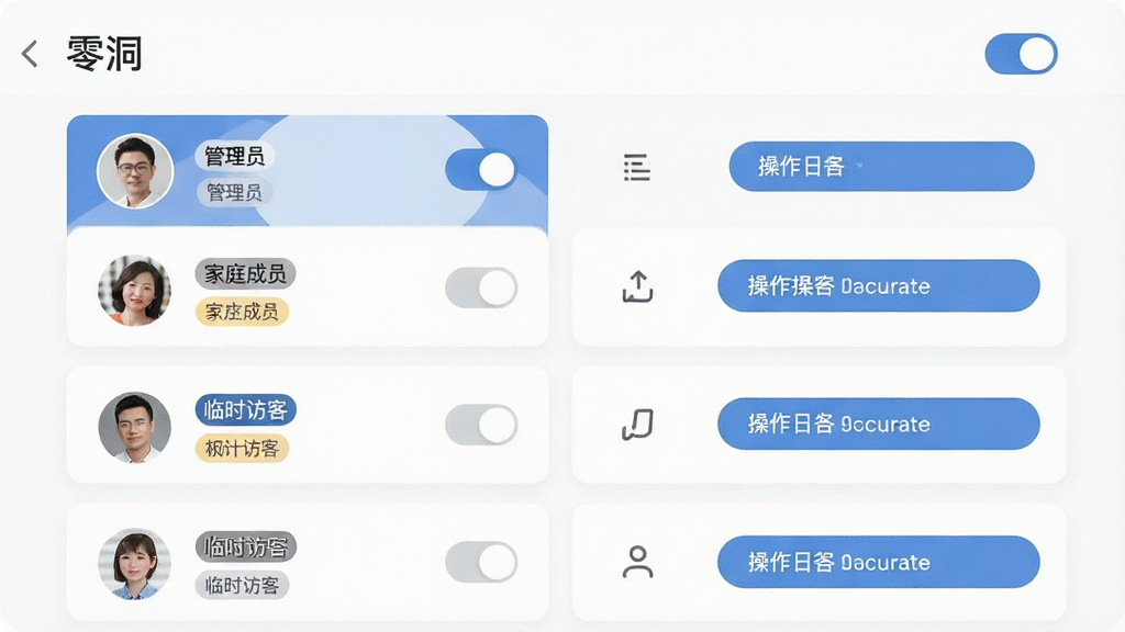 画面主体为“零洞”应用权限管理界面,屏幕显示多个用户头像卡片,每个卡片标注不同权限标签如“管理员”“家庭成员”“临时访客”,布局为纵向列表式排版,风格为简洁商务风,细节包含权限开关图标和操作日志按钮,画质清晰,干净,无多余元素
