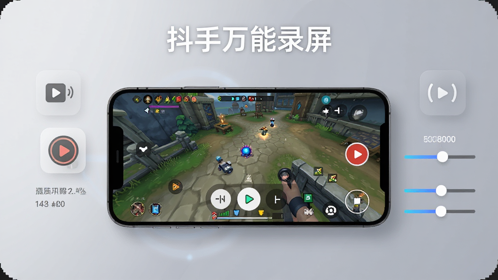 一张展示手机屏幕录制场景的高清图片,画面中央是一部智能手机,手机屏幕上显示着正在录制的游戏画面和悬浮控制按钮,周围环绕着简洁的录制图标和参数调节滑块,整体布局清晰,采用现代科技风格,细节丰富,画质清晰,画面干净,无多余元素,图片上方带有文字