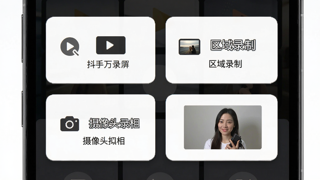 一张展示多种录制模式切换界面的图片,画面以手机屏幕为载体,屏幕上排列着全屏录制、区域录制、摄像头录制、画中画四个功能卡片,每个卡片配有相应的图标和简短文字说明,布局采用网格状排列,风格清新简约,细节上卡片带有轻微的阴影效果,画质清晰,画面干净,无多余元素,图片中带有文字