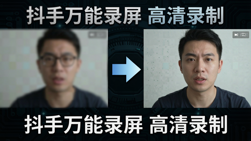 一张展示高清录制效果的对比图,左侧是模糊低画质的画面,右侧是清晰锐利的高清画面,中间有一个醒目的箭头指向右侧,画面背景为深色科技纹理,布局左右对称,风格简洁直观,细节上突出像素点的清晰度差异,画质干净,无多余元素,画面中带有文字