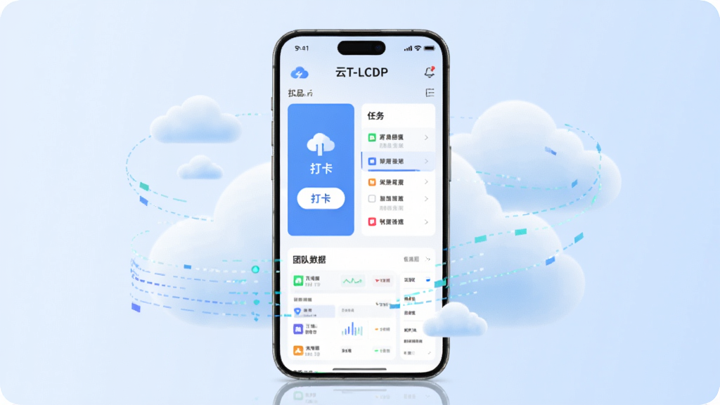 画面中央是一部竖屏智能手机,手机屏幕上显示“云T-LCDP”应用主界面,界面包含打卡按钮、任务列表和团队数据看板三个模块,手机周围环绕着云朵与数据流线条,背景为浅蓝色渐变,整体风格简洁商务,细节清晰,画质干净,无多余元素