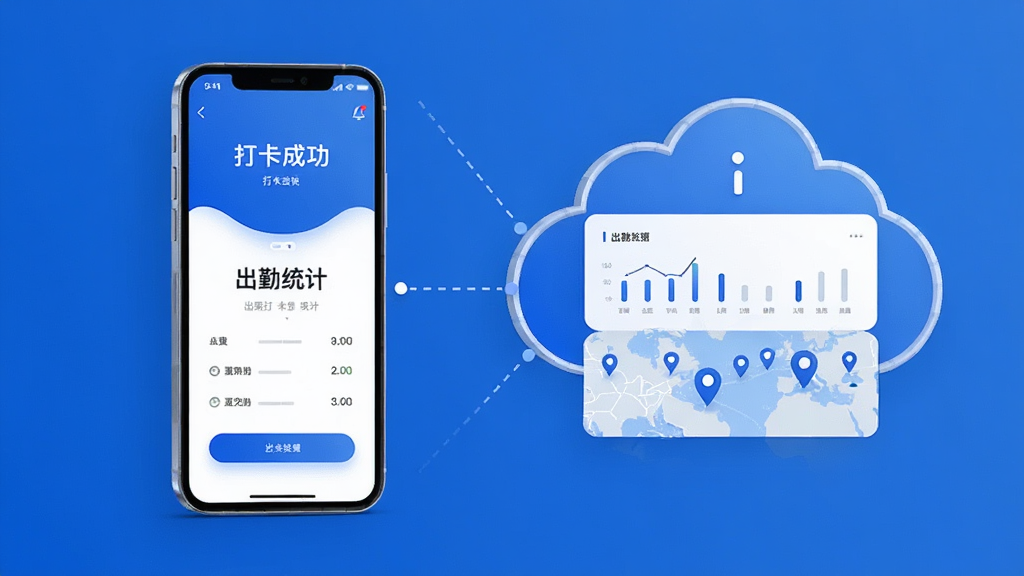 画面左侧是一部手机展示打卡成功界面,右侧是悬浮的云端数据面板,面板上有出勤统计图表和地图定位标记,中间用虚线连接,整体布局左右对称,风格现代科技感,色彩以蓝白为主,细节精致,画质干净,无多余元素