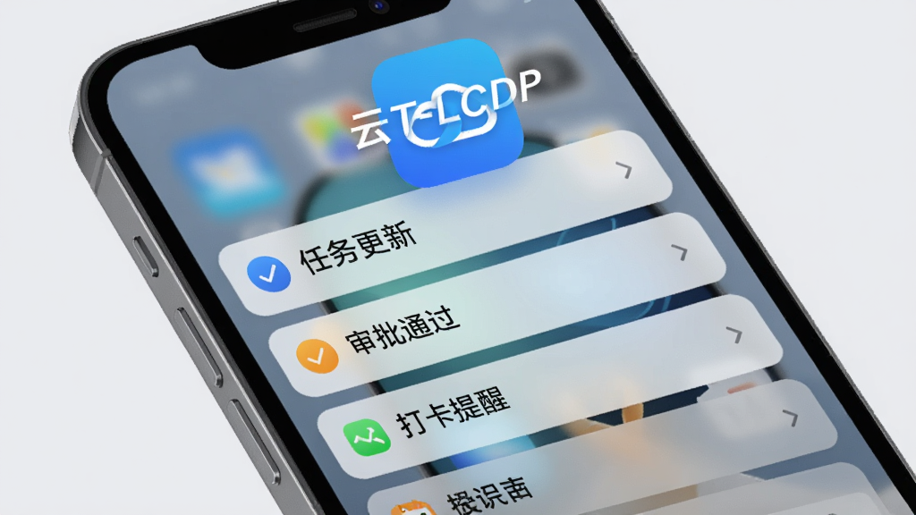 画面中央是一部手机,手机屏幕弹出多条消息通知卡片,卡片上分别写有“任务更新”“审批通过”“打卡提醒”等字样,手机上方漂浮着“云T-LCDP”应用图标,背景为浅灰色,风格简洁明快,细节清晰,画质干净,无多余元素