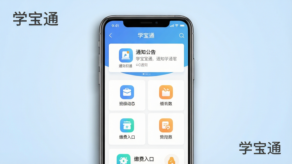 一张展示学宝通APP主界面的手机样机图,画面中央是一部竖屏智能手机,屏幕内清晰显示学宝通APP的首页界面,包含通知公告、班级动态、缴费入口等功能模块图标。布局采用居中对称构图,背景为柔和浅蓝色渐变,风格简洁清新,细节上手机边缘有轻微阴影增强立体感,画质高清,干净无多余元素,图片中可带有“学宝通”文字标识。