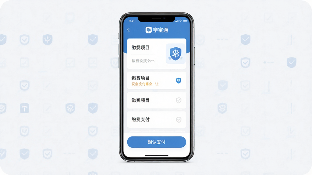 一张展示学宝通在线缴费流程的界面截图风格图片,画面中央为手机屏幕,屏幕内显示缴费项目列表与支付按钮,布局为上下结构,上方为缴费项目卡片,下方为确认支付按钮,风格为现代简约UI设计,细节上带有“学宝通”Logo与安全支付图标,画质高清,背景干净。