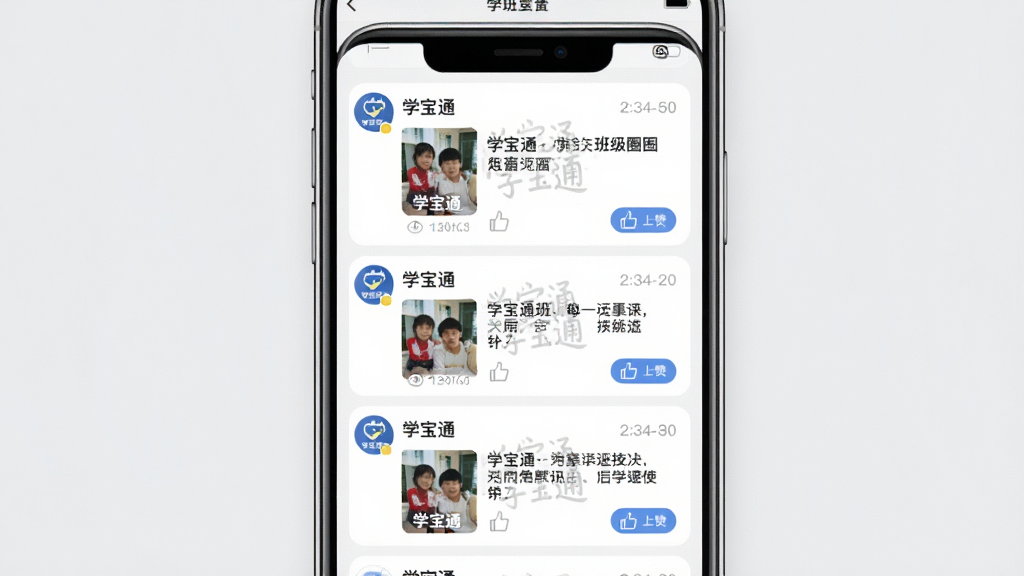 一张展示学宝通班级圈互动界面的手机样机图,画面中央为手机竖屏,屏幕内显示班级圈动态列表,包含图片、文字与点赞按钮,布局为居中构图,风格为社交应用UI风格,细节上每条动态带有“学宝通”水印与时间戳,画质清晰,背景为浅灰色,干净整洁。