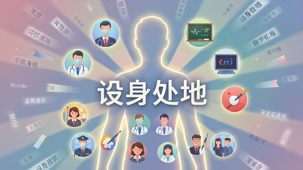 一张表现角色深度代入感的生图,主体为一个半透明的人形轮廓与多种职业图标融合,布局采用中心放射状,人物周围环绕医生、教师、程序员、艺术家等职业符号,排版富有动感,风格为柔和渐变插画风,细节包括轮廓边缘的发光效果、图标内部的微缩场景、背景中飘散的文字碎片,画质细腻,画面干净,无多余元素,画面中央文字