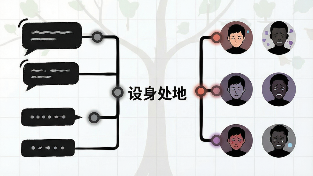 一幅展示多线情境分支的AI生图,主体为树状流程图与人物剪影组合,布局采用左右对称结构,左侧为对话气泡与选择按钮,右侧为不同情绪状态的角色头像,排版层次分明,风格为简约信息图风,细节包括线条的粗细变化、节点处的圆形高亮、背景中淡淡的网格纹理,画质清晰,画面干净,无多余元素,图中标注文字