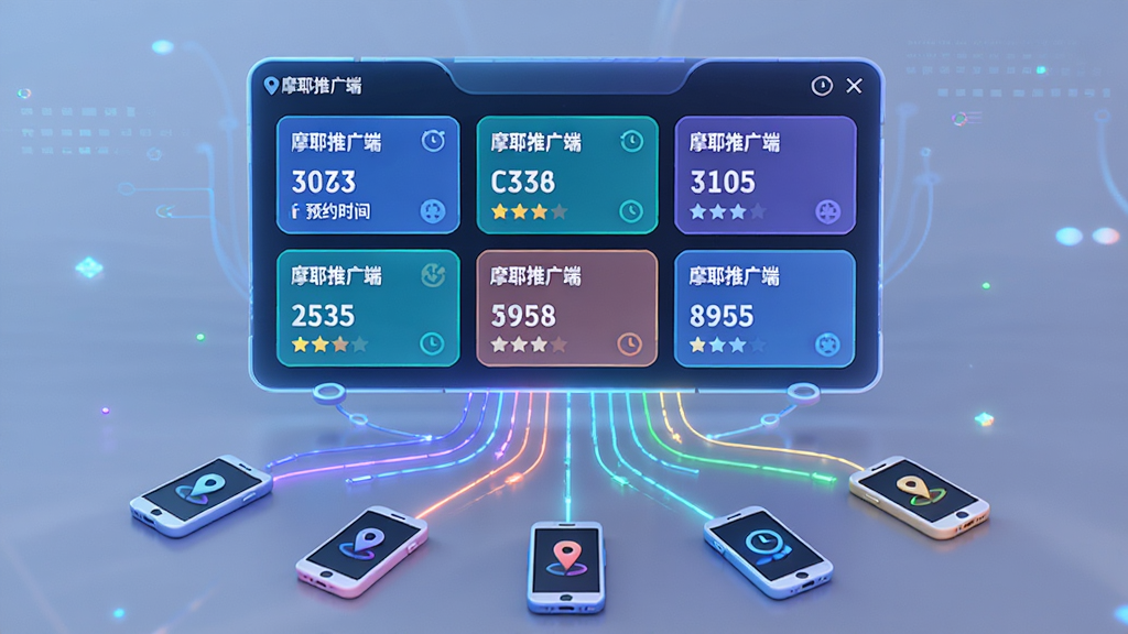 画面主体为一块悬浮的虚拟任务面板,面板上排列着带有“摩耶推广端”字样的任务卡片,每张卡片显示距离、报酬和预约时间。面板下方伸出多条发光线条连接不同位置的手机图标。布局采用中心辐射式,风格为科技感UI概念图,细节包含定位图标、时钟符号和星级评价,画质高清,色彩明亮,干净无多余元素。