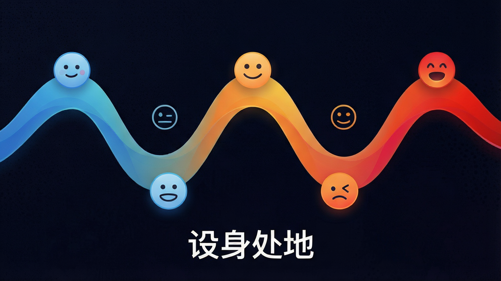 一幅展示情绪反馈曲线的AI生图,主体为一条起伏的彩色波浪线穿过多个圆形情绪图标,布局采用横向延展构图,左侧为平静的蓝色调,中部过渡为温暖的橙黄色,右侧转为热烈的红色,排版流畅自然,风格为数据可视化艺术风,细节包括波浪线的渐变填充、情绪图标内的简笔表情、背景中细密的点阵纹理,画质高清,画面干净,无多余元素,图片下方文字