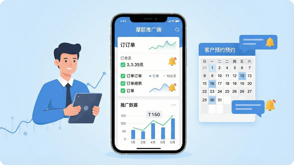 画面中央放置一部智能手机,手机屏幕上显示“摩耶推广端”应用界面,界面中包含订单列表和推广数据图表。手机左侧漂浮一个推广员手持平板电脑的半身像,右侧展示客户预约日历和消息气泡。背景为浅蓝色渐变,布局采用左右对称式构图,风格为扁平化商务插画,细节包含数据线条、勾选图标和铃铛通知符号,画质清晰,文字锐利,干净无多余元素。