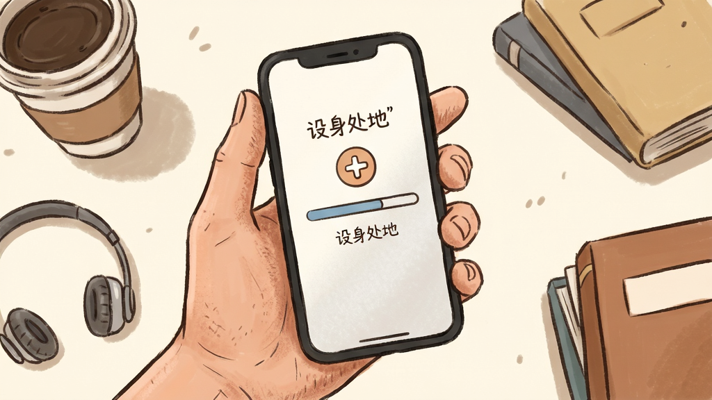 一张表现轻量无压力体验的生图,主体为一只手掌托起一部手机,手机屏幕显示简洁的进度条与休息图标,布局采用俯视视角,手掌周围散落着咖啡杯、耳机、书本等生活小物,排版轻松随意,风格为温暖手绘风,细节包括手掌的皮肤纹理、手机屏幕的磨砂质感、小物的柔和阴影,画质清晰,画面干净,无多余元素,手机屏幕中文字