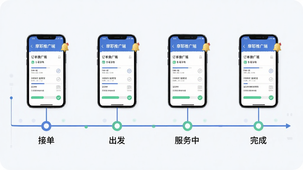 画面中央为一条横向时间轴,时间轴上分布着“接单”“出发”“服务中”“完成”四个节点,每个节点上方连接一个手机图标,手机屏幕显示“摩耶推广端”订单详情页。布局为水平延展式,风格为信息图表风格,细节包含进度条、勾选标记和提示铃铛,画质干净,文字清晰,无多余元素。