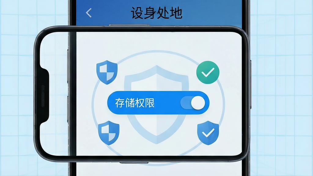 一张展示手机安全设置界面的生图,主体为一部安卓手机显示权限管理页面,布局采用正面平视角度,屏幕中高亮显示