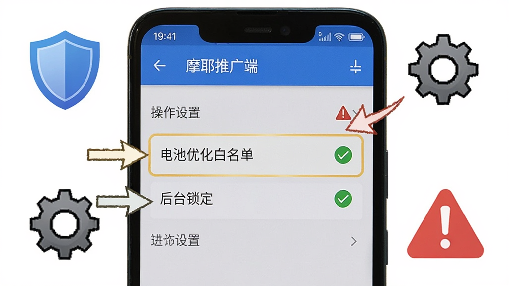 画面主体为一部安卓手机,手机屏幕显示“摩耶推广端”设置页面,页面中高亮显示“电池优化白名单”和“后台锁定”两个选项。手机周围环绕盾牌图标、齿轮图标和提示感叹号。布局为居中特写式,风格为手机操作指引图,细节包含箭头指示、勾选标记和警告三角,画质清晰,干净无多余元素。