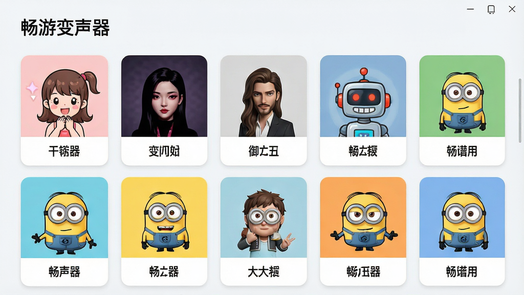 畅游变声器音效库界面,网格排列着萌妹、御姐、大叔、机器人、小黄人等多种音色卡片,每张卡片带有图标和名称,背景为浅色极简排版,风格清新明快,细节清晰,文字标注“畅游变声器”,画质高清,干净,无多余元素