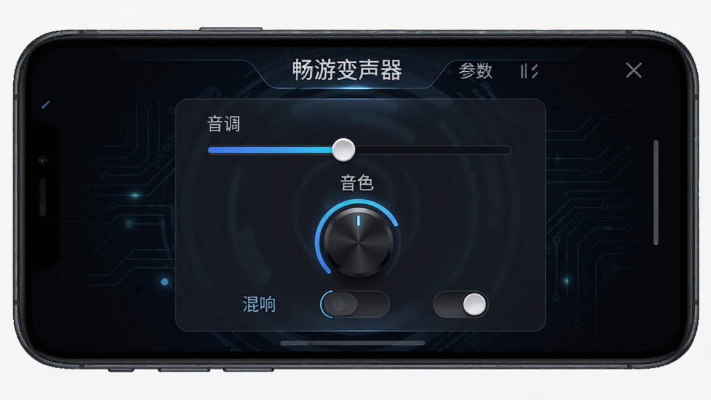 手机屏幕上显示畅游变声器的参数调节面板,包含音调滑块、音色旋钮和混响开关,界面为深色科技风格,主体居中排版,细节清晰,文字标注“畅游变声器”,画质高清,干净,无多余元素