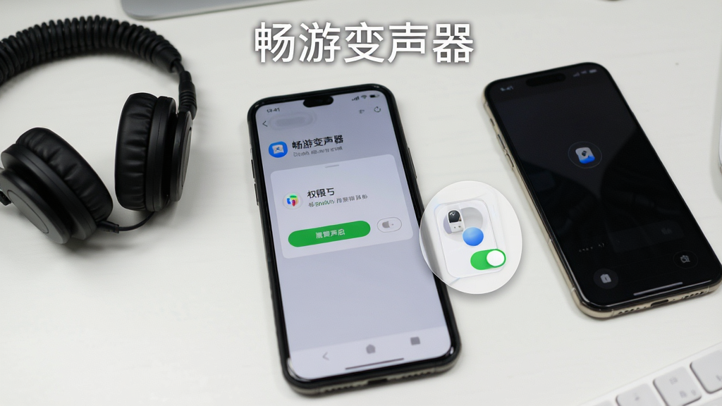手机用户按照步骤设置畅游变声器权限,屏幕显示权限开启界面和悬浮窗开关,旁边有耳机和手机,背景为简洁桌面,主体清晰,风格实用教程感,文字标注“畅游变声器”,画质高清,干净,无多余元素