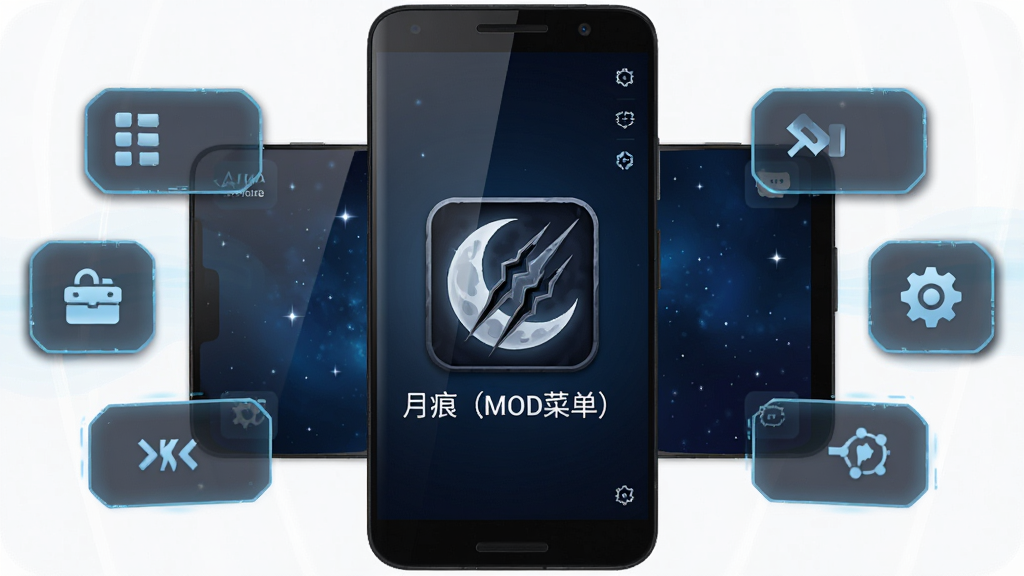 画面中央展示一部安卓手机,手机屏幕上显示“月痕(MOD菜单)”游戏主界面,界面带有暗黑奇幻风格的月亮与划痕图标,手机周围环绕几个半透明的功能菜单按钮图标,背景为深蓝色渐变星空,整体布局居中对称,风格为扁平化科技感,细节包括按钮的微光边缘和屏幕反光,画质清晰锐利,干净无多余元素