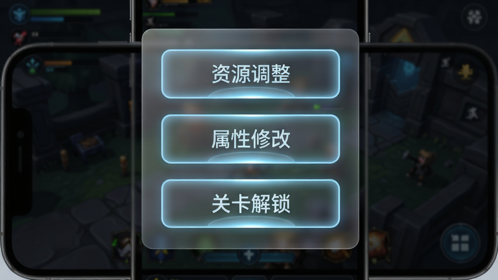 画面展示一个半透明的悬浮菜单面板悬浮在手机游戏画面上方,面板内排列着“资源调整”“属性修改”“关卡解锁”等文字按钮,每个按钮带有淡蓝色发光边框,背景是暗色调的游戏场景,布局为竖向列表,风格为现代简约科技风,细节包括按钮的按压高光效果和面板的毛玻璃质感,画质高清,画面干净整洁