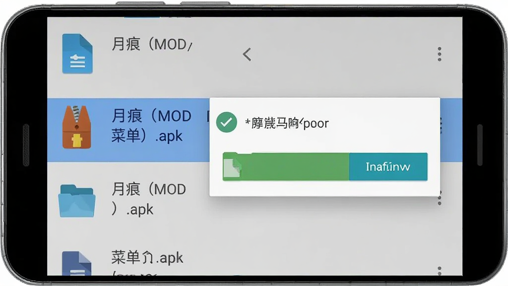 画面展示安卓手机的文件管理器界面,列表中有一个名为“月痕(MOD菜单).apk”的文件被高亮选中,旁边弹出安装确认对话框,背景为手机桌面,布局为竖屏手机截图风格,细节包括文件图标和安装按钮的文字清晰可辨,画质锐利,画面简洁无多余干扰