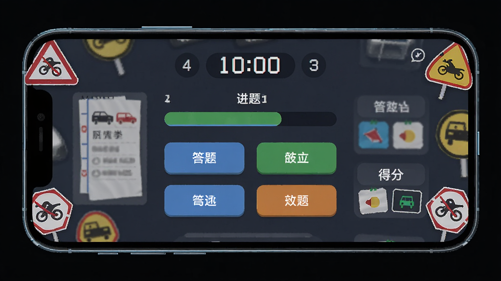 һ�������Ħ�г��ݿ�ģ�⿼�Խ��棬�ֻ�������ʾ����Ļ���м�ʱ������Ŀ��ź�ѡ�ť����Χ�����Ž�ͨ��־ͼ�꣬���Ϊ��ƽ���Ƽ��У����־��У��Ű����룬ϸ�ڰ��������������⿨���÷�Ԥ�������ʸ��壬�ɾ����޶���Ԫ��