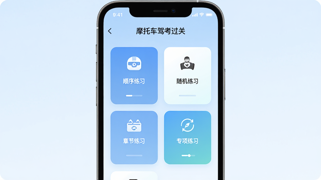 һ���ֻ�չʾ��Ħ�г��ݿ����ء�App����ϰģʽѡ����棬��Ļ��������˳����ϰ�������ϰ���½���ϰ��ר����ϰ�Ȱ�ť������Ϊ����ɫ���䣬���Ϊ�ִ���Լ������Ϊ����״���Ű������ϸ�ڰ���ͼ�ꡢ���ֱ�ǩ������ָʾ�����ʸ��壬�ɾ����޶���Ԫ��