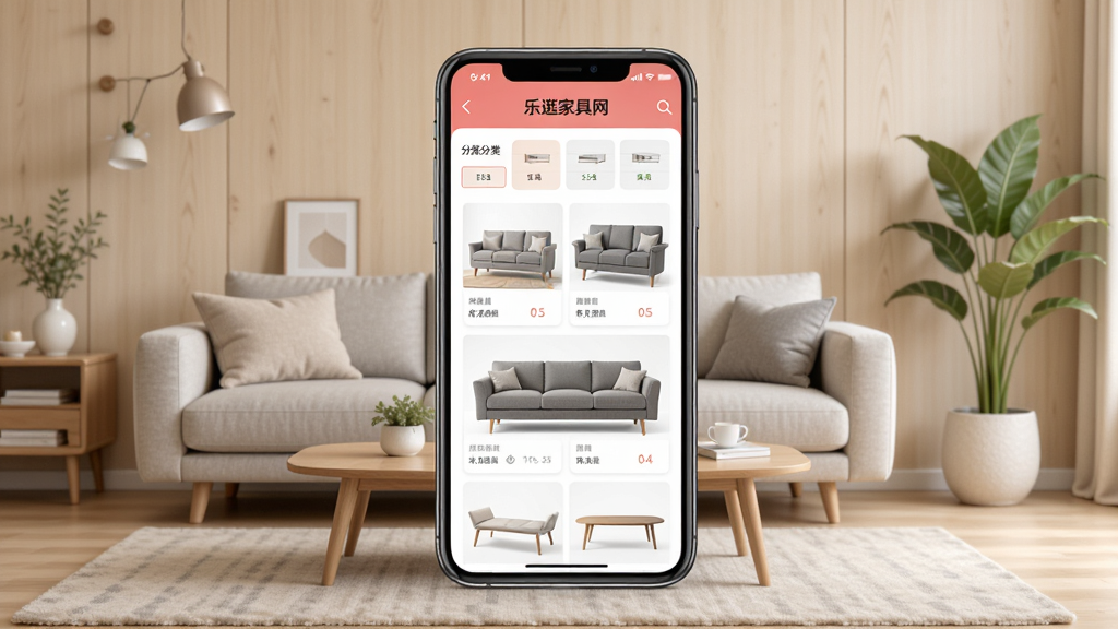 乐逛家具网 手机APP首页展示 主体为一部智能手机 屏幕显示家具分类与沙发商品列表 布局居中 背景为浅木色家居环境 风格简约现代 细节包括沙发茶几绿植装饰 画质清晰 干净 无多余元素