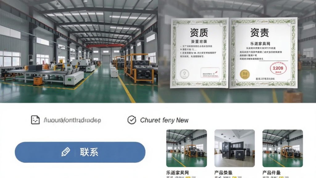 乐逛家具网 商家工厂页面 手机屏幕展示工厂实景与资质证书 布局为上下图文结构 风格商务简洁 细节包含联系按钮与产品列表 画质清晰 干净 无多余元素