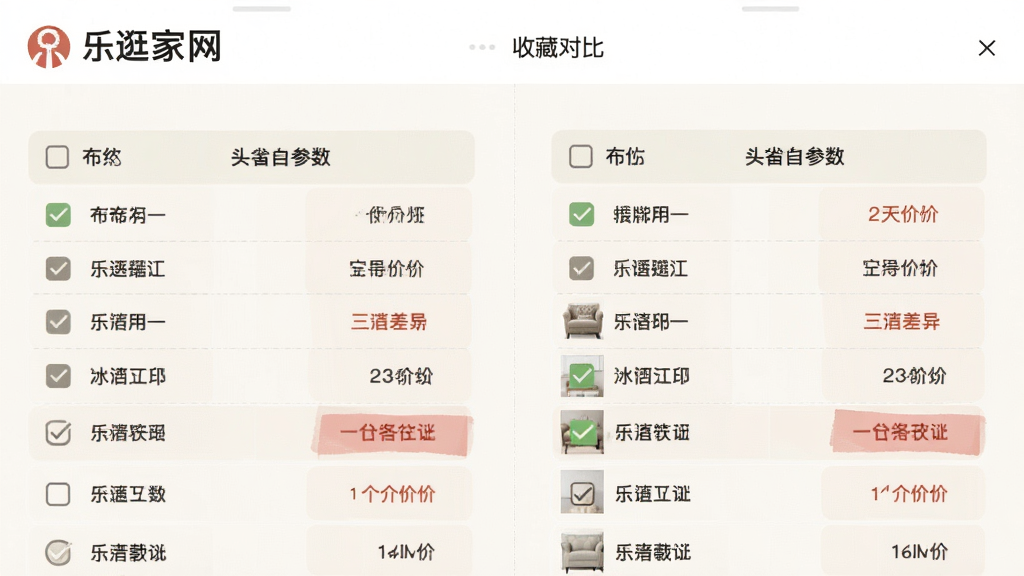 乐逛家具网 收藏对比界面 手机屏幕显示两款沙发参数对比 布局为左右分栏表格 风格清爽浅色 细节包含勾选标记与价格差异高亮 画质清晰 干净 无多余元素