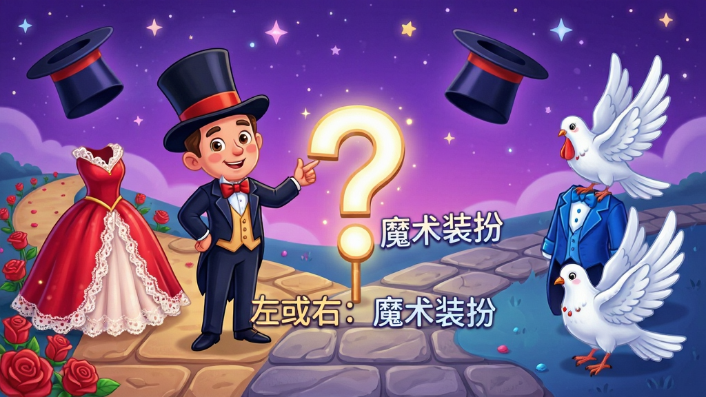 卡通魔术师站在岔路口,左边是一条通往红色礼服与玫瑰花的道路,右边是一条通往蓝色礼服与白鸽的道路,路口中央有发光的问号标志,背景是梦幻的紫色星空与漂浮的魔术帽,风格为卡通奇幻,细节包括路面石板纹理、礼服上的蕾丝花边、白鸽的羽毛层次,画质清晰,画面干净,无多余元素,图片中央有文字“左或右:魔术装扮”。