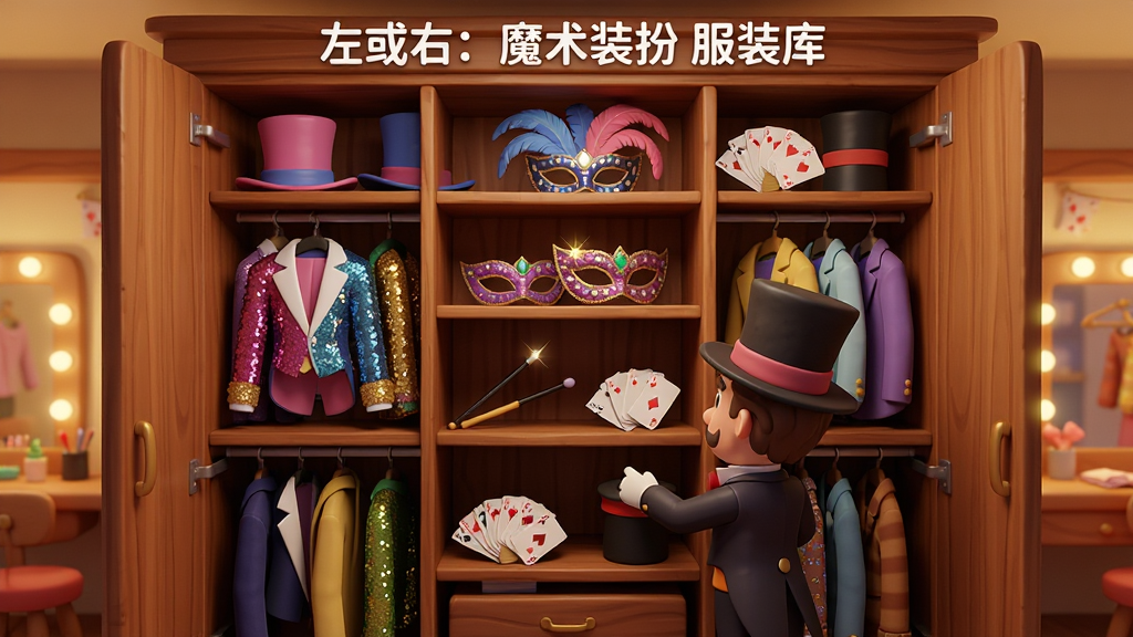 一个巨大的开放式衣柜场景,衣柜内部分为多层隔板,每一层都整齐摆放着不同风格的魔术服装和配饰,包括彩色礼帽、亮片外套、羽毛面具、魔术棒、扑克牌扇子等,衣柜前站着一位卡通魔术师正在挑选衣服,背景是温馨的化妆间,风格为卡通写实,细节包括衣柜木纹、衣物褶皱、配饰上的宝石反光,画质清晰,画面干净,无多余元素,衣柜上方有文字“左或右:魔术装扮 服装库”。