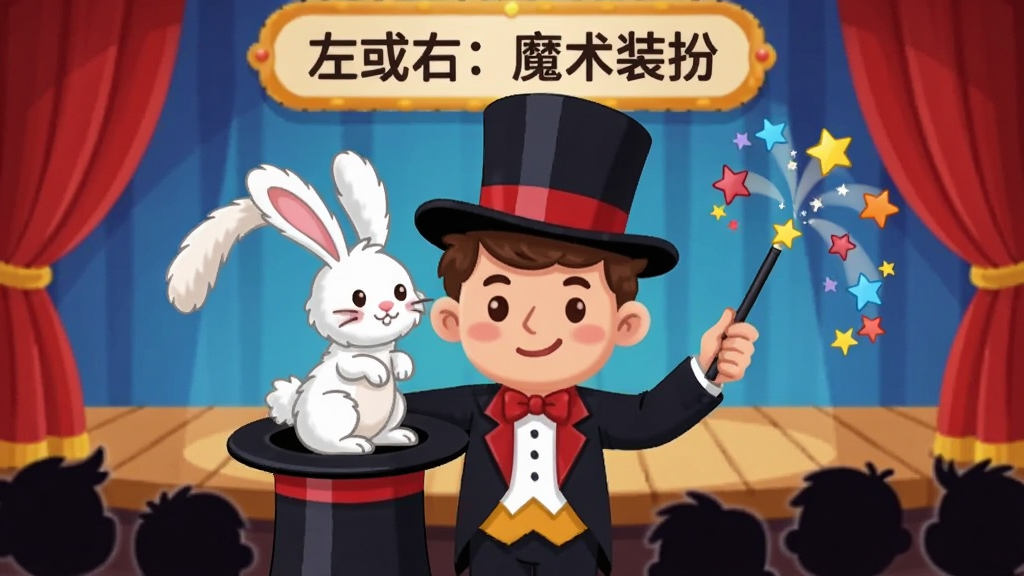卡通魔术师在舞台上表演,左手从高礼帽中变出一只白兔,右手挥舞魔术棒洒出彩色星星,舞台两侧有红色幕布,台下有模糊的观众剪影,风格为卡通舞台风,细节包括礼帽的丝带、白兔的绒毛、星星的拖尾光效,画质清晰,画面干净,无多余元素,舞台背景板上有文字“左或右:魔术装扮”。