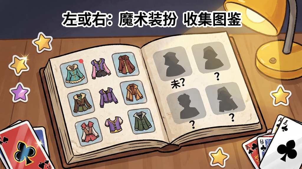一本摊开的魔法图鉴放在桌面上,图鉴左页展示着已解锁的服装缩略图,右页展示着未解锁的灰色剪影和问号,图鉴周围散落着星星贴纸和魔术扑克牌,背景是暖黄色台灯光晕,风格为卡通手账风,细节包括图鉴纸张纹理、贴纸反光、扑克牌花色,画质清晰,画面干净,无多余元素,图鉴上方有文字“左或右:魔术装扮 收集图鉴”。