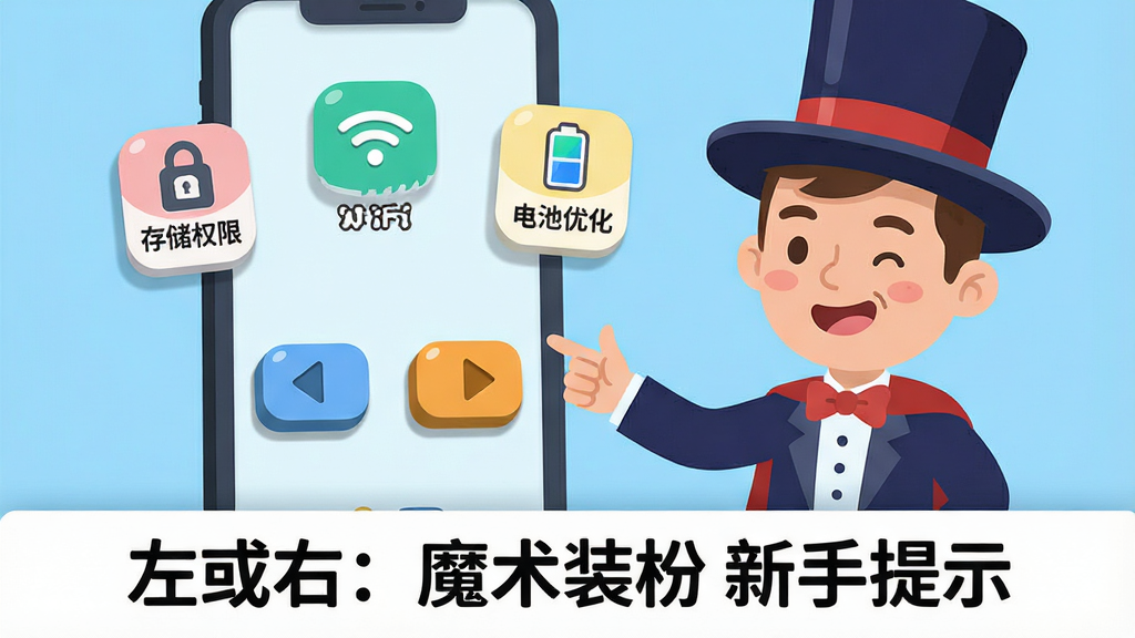 卡通风格的新手引导界面,一位魔术师助手正在向玩家展示手机屏幕上的左右两个按钮,屏幕旁边漂浮着“存储权限”“WiFi”“电池优化”等小图标,背景是简洁的浅蓝色,风格为扁平卡通,细节包括按钮的立体阴影、图标的圆角设计、魔术师助手的表情,画质清晰,画面干净,无多余元素,图片下方有文字“左或右:魔术装扮 新手提示”。